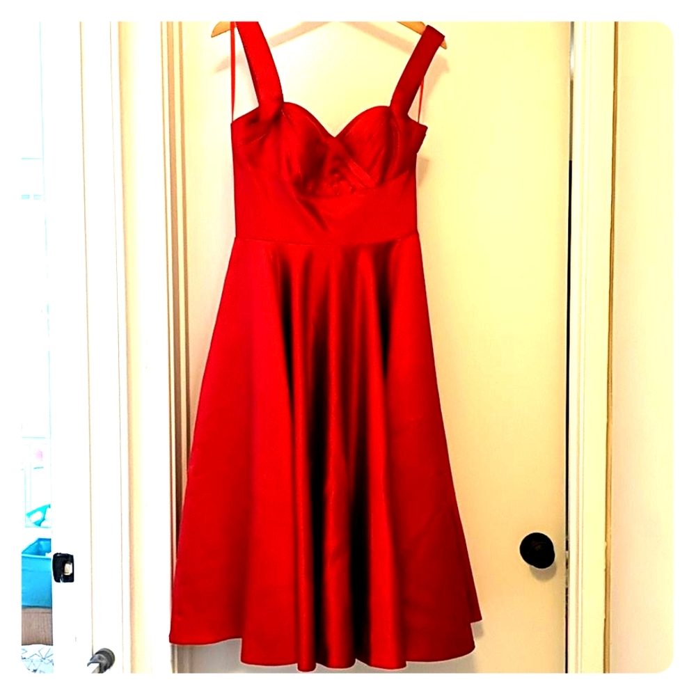 Unique vintage Tea length Red satin dress